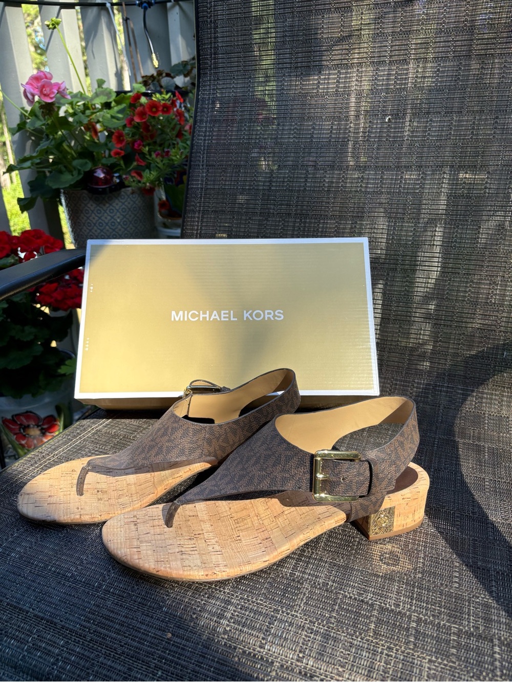 Michael Kors Brown Logo Thong Sandals with Cork Heel and Gold Buckle
